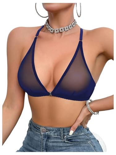 Image of SOLY HUX Women's Sheer Mesh Through Bra Sheer Bralette Front Closure Deep V Neck Wireless Lingerie Sexy Lingerie Bra