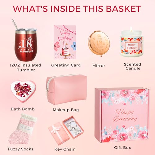 18th Birthday Gifts for Girls,Turning 18 Year Old Unique Happy Birthday Gift Baskets for Her,Relaxation Spa Bath Tumbler Gift Set, Funny 18 Gifts Ideas Box for Best Friends Mom Wife Sister Coworker