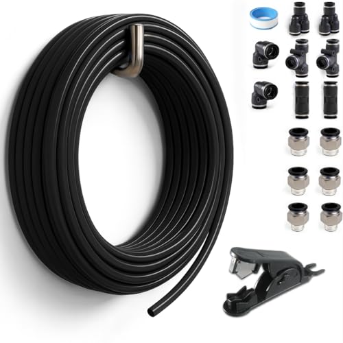 Sctihwelire PU Air Line Kit 4mm OD or 5/32in x 2.5mm ID – 32.8ft Black Flexible Hose with Push to Connect Fittings, Tube Cutter – Pneumatic Air Tubing Kit for Compressor, Air Tools, Laser Assist