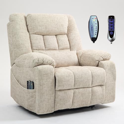 Image of 4 Motor Power Lift Recliner Chair for Elderly, Oversized Lay Flat Recliner with Massage Heat, Adjustable Headrest, Hidden Cup Holders, Zero Gravity Big and Tall Recliners, Cream