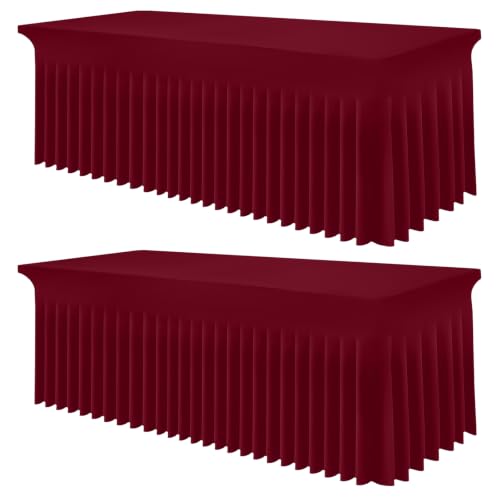 Image of Smiry 2 Pack Spandex Elastic Fitted Table Cloth Skirt for 6FT Table | Stretch Washable Table Cloth, Banquet Table Cover for Wedding, Party, Indoor & Trade Shows, (Wine Red, 72Lx30Wx30H)