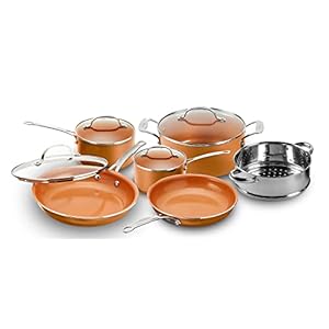 Gotham Steel 10-Piece Kitchen Set with Non-Stick Ti-Cerama Coating by Chef Daniel Green – Includes Skillets, Fry Pans, Stock Pots and Steamer Insert – Copper