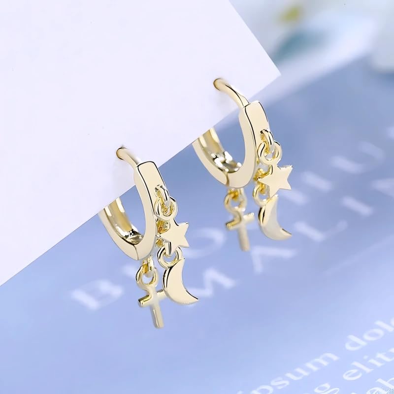 Huggie Earrings 925 Sterling Silver Needle Star Moon Combination Pendant Hoop Earrings Vntage Gold Earrings For Women Jewelry - N73