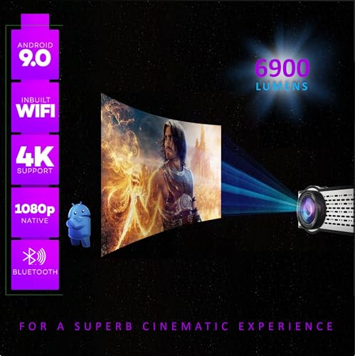 Image of E Gate i9 Pro-Max Android, 1080p Native Full HD Home Projector, 4k Support, 6900 Lumen LED, 534cm Screen | Inbuilt Speaker | 4P+4D Digital Keystone, with Netflix, Prime etc | WiFi & BT | E05i33,Black
