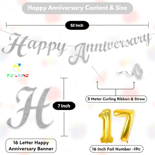 Image of Flyloons 17th Happy Anniversary Banner Silver Decorations Kit for Men Women Wedding Anniversary Banner Items without Balloons