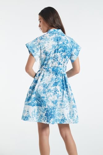 Image of D-Sun Women Button Down Shirt Dress V-Neck Floral Printed Short Sleeve Mini Dress Casual Belted Short Party with Pocket