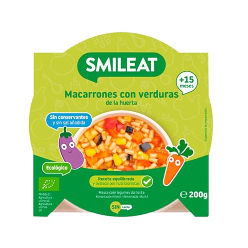 Smileat - Platito de Macarrones con Verduras de la Huerta – Ecológico, Sin Conservantes – Ideal para Peques +15 meses – 200g