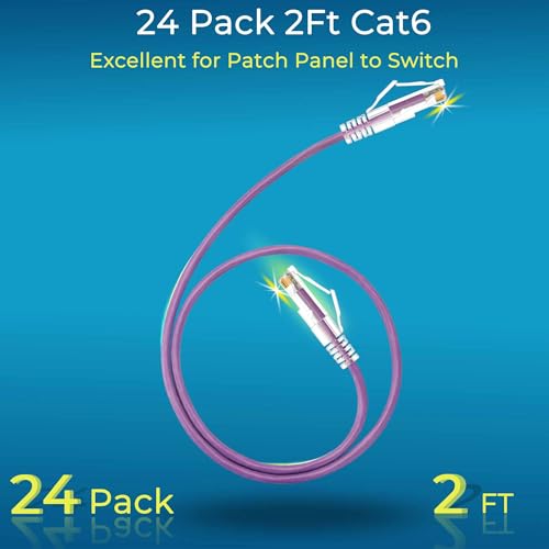 Image of Rapink Patch Cables Cat6 / Cat6a 2ft (24 Pack) Slim, Cat6a Ethernet Patch Cable 20G Support, Snagless Cat 6 Patch Cable for Patch Panel to Switch, Flexiable Cat6 Ethernet Cable Purple