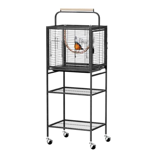 Image of VINGLI Small Bird Cage with Rolling Stang, 52 inch Wrought Iron Parakeet Cage with Wooden Perch and Storage Shelves for Parrot Lovebirds Finches Small /Medium Birds (Black with Stand)