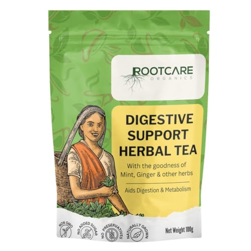 Image of Rootcare Organics green tea for Digestive 100g Pack Of 1 Month Loose Leaves With Mint & Ginger For Digestive Support Reduces Bloating and Supports Gut Health Whole Herbs Blend