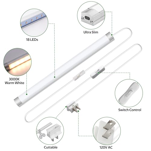 Image of AIBOO Under Cabinet Lighting, Dimmable 12 inch Under Counter Lights, 120V Plug in & Hardwired, Linkable LED Closet Lights for Kitchen, Shelf, Workbench, Desk,Cupboard,Garage (12 PCS), Warm White 3000K