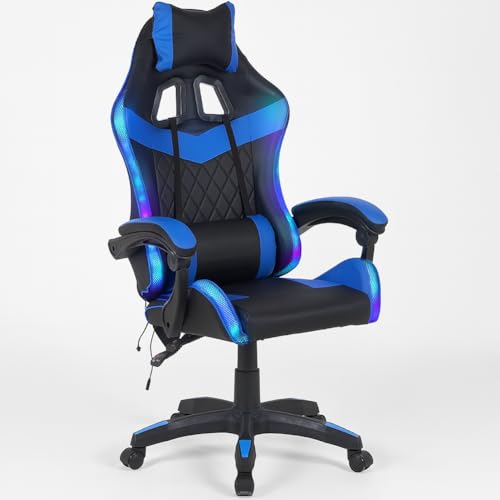Sedia Sportiva Poltrona Direzionale da Ufficio 4 Ruote Girevole 360° Modello Racer Gaming Design Extra Lusso in Ecopelle Nero e Tessuto (Blu con Led) - Sedia gaming