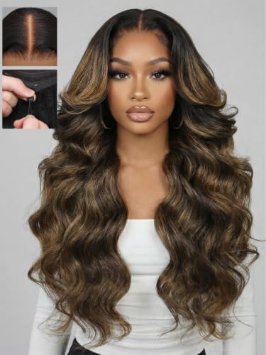 Image of Beauty Forever Bye Bye Knots Balayage Brown Highlight Body Wave Glueless Wig Human Hair Pre Plucked Pre Cut 7x5 Lace Closure Wear and Go Drawstring Wig 150% Density 16 Inch
