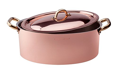 Pentole Agnelli ALCU12630 Casseruola Ovale Alta in Rame liscio stagnato con coperchio e 2 Maniglie in ottone, 30 cm