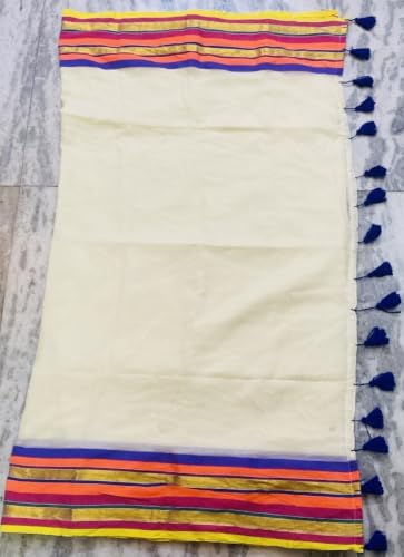 Image of Women's Mul Cotton Saree with Tassels | Soft Mulmul Saree | Woven Stripes & Zari Line | 5.5 Metres - Without Blouse