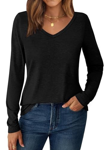 Women Long Sleeve V Neck Shirt Soft Casual Basic Tee Tops for 2025 Fall and Winter Fitted Clothes Trendy Everyday Wear