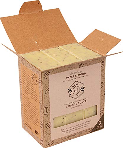 Crate 61 Almond Soap 3 pack, 100% Vegan Cold Process, scented with food grade natural flavors, for men and women, face and body. ISO 9001 certified manufacturer
