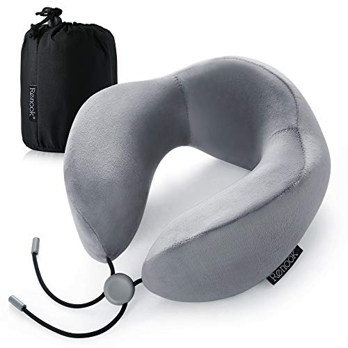RENOOK Travel Pillow, 100% Pure Memory Foam Neck Pillow, Ideal for Airplane Travel, Improved Support Design â€“ Machine Washable Cover.
