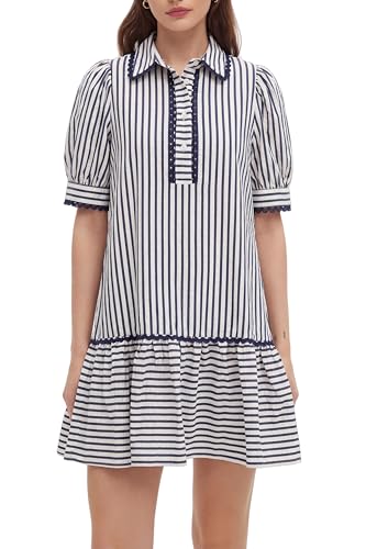 Image of EZAPINE Women Striped Shirt Dress Summer Button Down Collared Short Puff Sleeve Ruffle Hem Casual Flowy Mini Dress