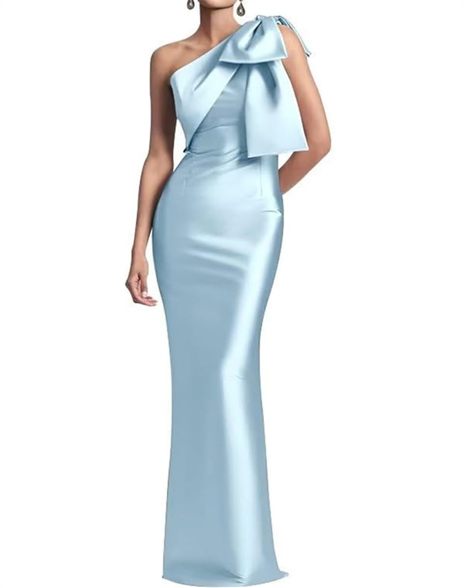 WSEYU Vestido de fiesta de un hombro con lazo, vestido de cóctel de satén de sirena, largo y ajustado para madre de la novia
