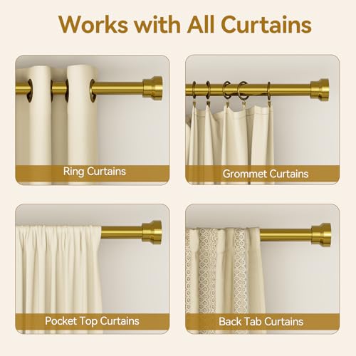 Image of YaFex Curtain Rods 32-84 Inch, Heavy Duty 1 Inch Adjustable Worm Gold Curtain Rod for Windows, Brass Metal Long Window Treatment Rods