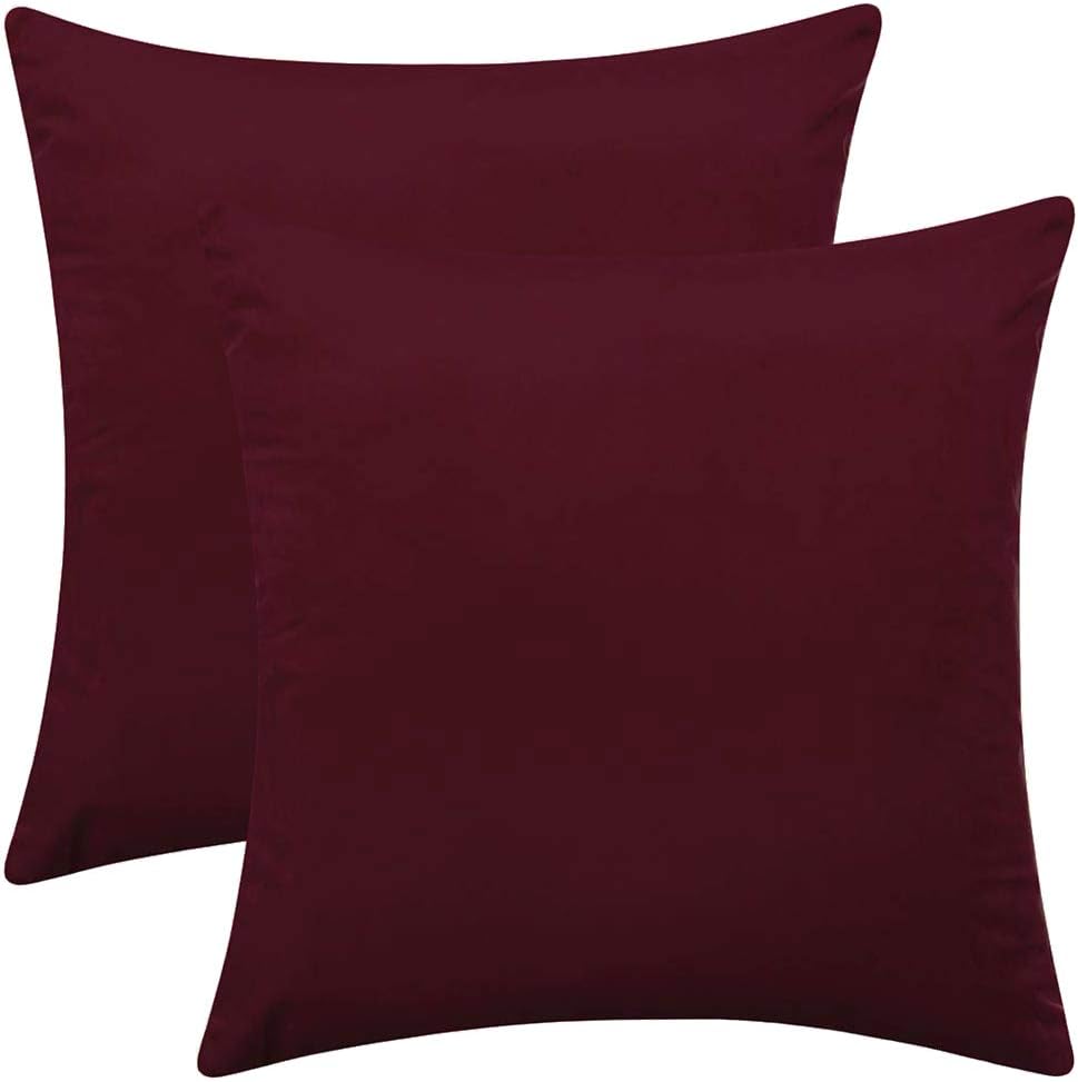 Set of 2 Comfortable Velvet Throw Pillow Cases, Decorative Solid Cushion Covers for Sofa Couch and Bed - 18"x18", Burgundy