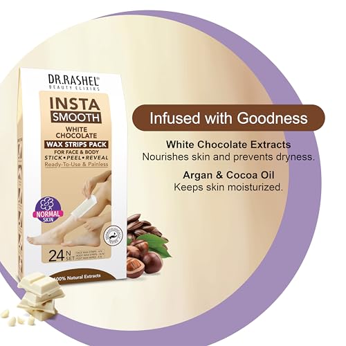 Image of DR.RASHEL Insta Smooth White Chocolate Wax Strips | Instant Hair Removal | Smooth Skin | Face & Body Wax Kit | 24 Wax Strips