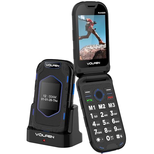Volfen Ranger - Teléfono Robusto de Tapa para Personas Mayores de Doble Pantalla, Botones y Teclas Grandes, fácil de Usar, USB-C, 3 memorias directas, Base de Carga