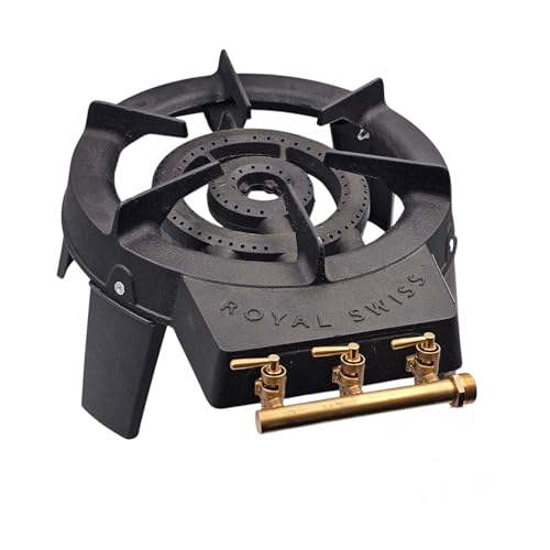 Royal Swiss® Gusseiserner Gasbrenner mit Stativ Doppelbrenner Ø18cm & Ø9cm – 3 Heizstufen mit Messingventilen – Outdoor Campingkocher für Butan & Propan, poèle d'éxtérieur, cadre en fer – Schwarz
