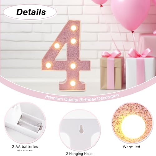 Image of LED Marquee Numbers, Small Light Up Numbers for Party, 8.58 Inch Battery Powered Lighted Number for Birthday, Night Light, Table or Home Decor (Pink Glitter, Number 4)