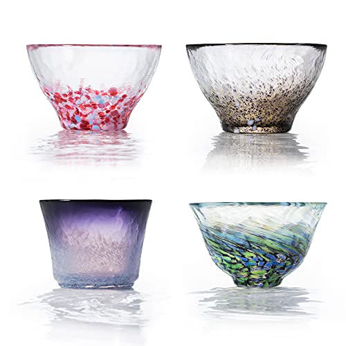 GOTOUCHI Cold Sake Cup Sake Glass Cup Japanese Premium Glass Liquor Collection Drinkware Set of 4, Made in Japan Delicate Gift Box