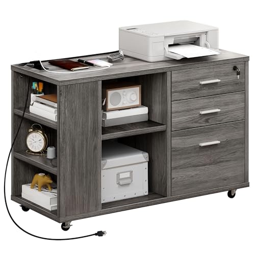 YITAHOME File Cabinet with Charging Station, Mobile Lateral Filing Cabinet with Lock for Home Office, Printer Stand with Open Storage Shelf, Fits A4, Letter, Legal Size Files, Office Furnitu
