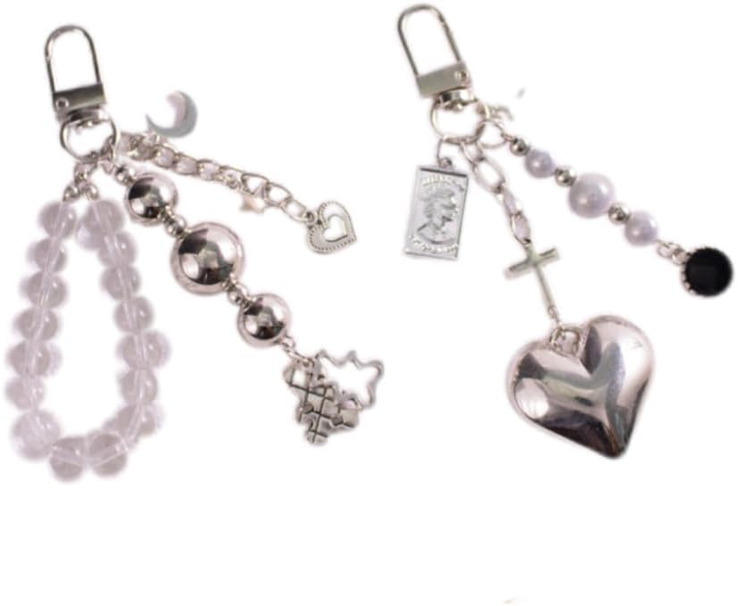 2PCS Beaded KeyChain, Love Heart Bear Keychain, Y2K Aesthetics Keyring Keychain Pendant, Earphone Case Pendant Phone Charm Bag Pendant for Women