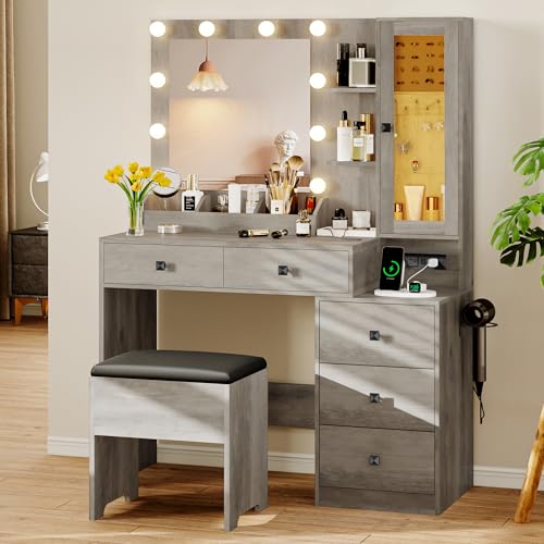 Image of Vanity Desk with Mirror and Lights, Makeup Vanity Table Set with 5 Storage Drawers, Power Outlet & Chair, Small Dressing Table with RGB Ambient Light, Adjustable Brightness for Girls Bedroom, Grey