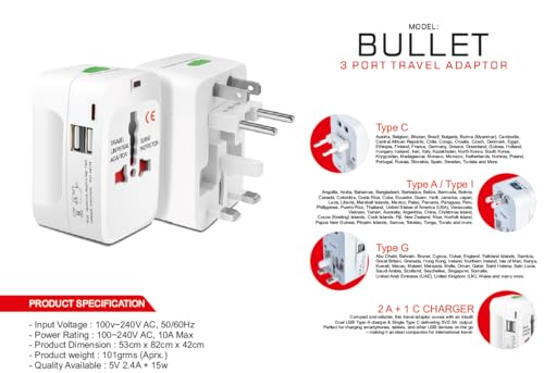 Image of Hawk Universal Travel Adapter, (Model : Atom) 3 Port with Dual USB Type-A and Type-C Charger, International Power Converter for 150+ Countries, White, 100-240V AC