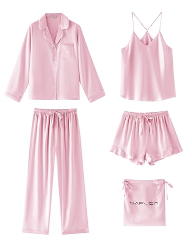 SAPJON Satin Silk Pajamas for Women Set 5PCS Classic Button Down Pajamas Top and Pants Cami and Ruffle Shorts Sleepwear Pink