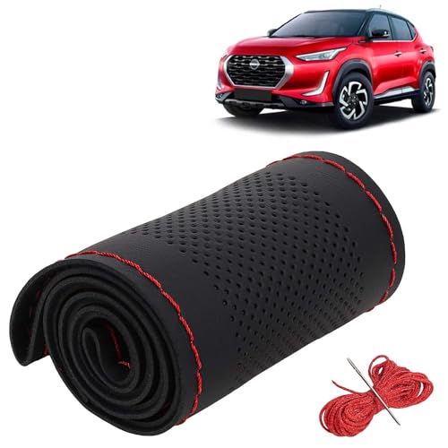 Image of KINGSWAY PU Leatherite Car Steering Cover Sewable Compatible with Nissan Magnite (Year 2020 Onwards), Black Color with Red Thread, Pack of 1 with Sewing Needle and Thread