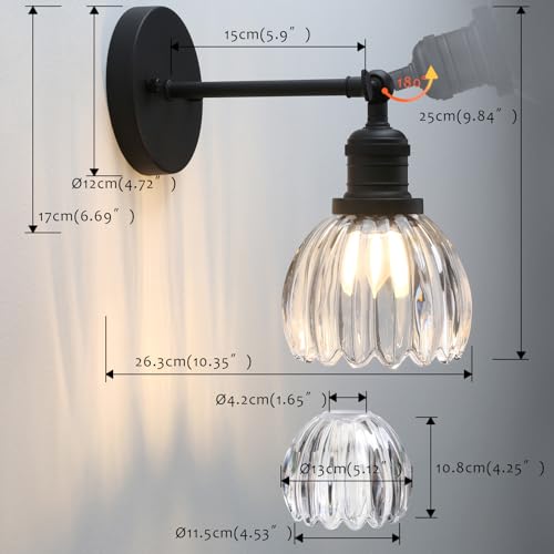 Image of Pathson Adjustable Wall Sconce Lamp with Tulip Thick Glass, Hardwired Bathroom Sconce Matte Black Wall Vanity Light Fixture for Living Room Farmhouse Bedside Lighting