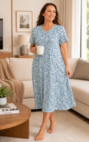 Image of Kabento Nightgowns for Women Cotton Short Sleeve Long Night Gowns with Pockets