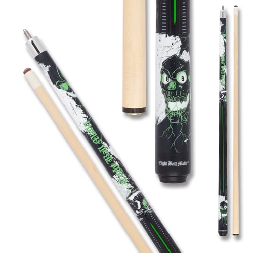Eight Ball Mafia EBM21 Sport Grip Pool Cue - Black, Lime Green, and White Lightning Strikes with Skulls - 18oz