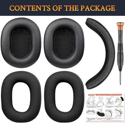 Image of SOULWIT Ear Pads Cushions + Headband Cover, Replacement Kit for ATH M50, M50X, M50XWH, M50XBT, M50XBT2, M50S /LE Headphones, Replacement Headstrap Pad & Earpads Repair Part (Black)