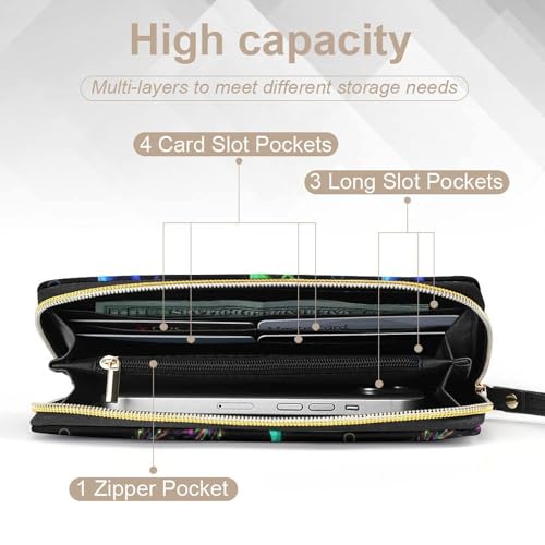 Stylish Pu Leather Wallet for Women, Tyrannosaurus Rex Dinosaur Sparkles in Space Slim Long Purse Waterproof Zipper Credit Card Holder with Multiple Card Slots4