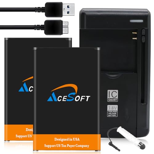 Long Life 2X 6690mAh Battery Multi-Purpose Wall Home USB Charger Data Charging Cable Pen Compatible with Samsung Galaxy Note 3 SM-N900T Cellphone