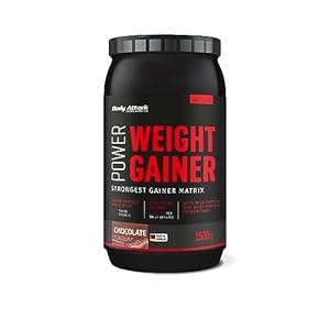 Body Attack Power Weight Gainer, Chocolade, 1.5 kg, 100% massabouw, koolhydraat eiwitpoeder om spieren op te bouwen met Wei-eiwit, ideaal voor hardgainers.