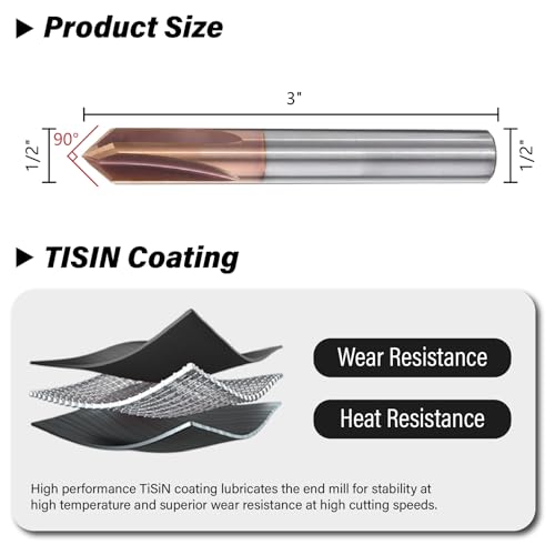 Image of 1 /2 inch Carbide Chamfer End Mill 90 Degree - V Groove, 4 Flutes TISIN Coating Mill Bits Sets for Alloy Steels, Hardened Steels