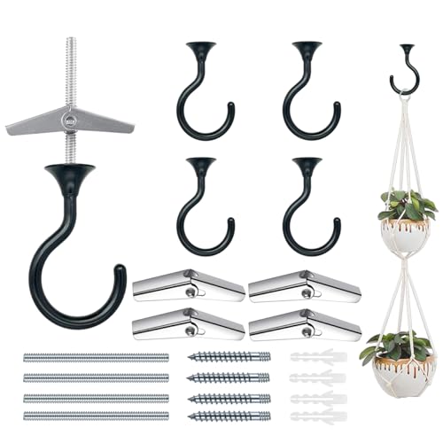 Image of Heavy Duty Ceiling Hooks for Hanging Plants 4 Pack (Black) | Holds 30 lbs on wood & concrete, 20 lbs on drywall; 2.4 inch rustproof swag hook for string lights, lanterns & patio use