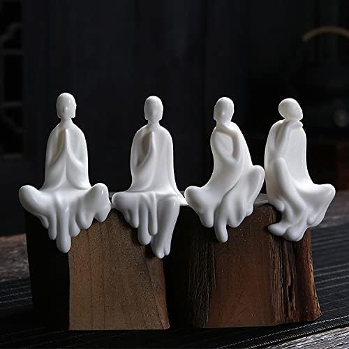Miniatura 4 de Kingzhuo Una colección de 4 bonitas estatuas de Buda sentado de cerámica blanca, hermosas esculturas de meditación, figuritas de monje pacíficas,