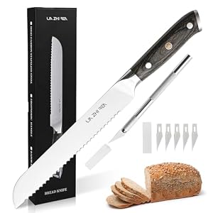 Bread Knife, 8-Inch Stainless Steel Serrated Bread Knife with Wooden Handle, with 5.5-Inch Carving Knife Set, 5 Sharp Blades