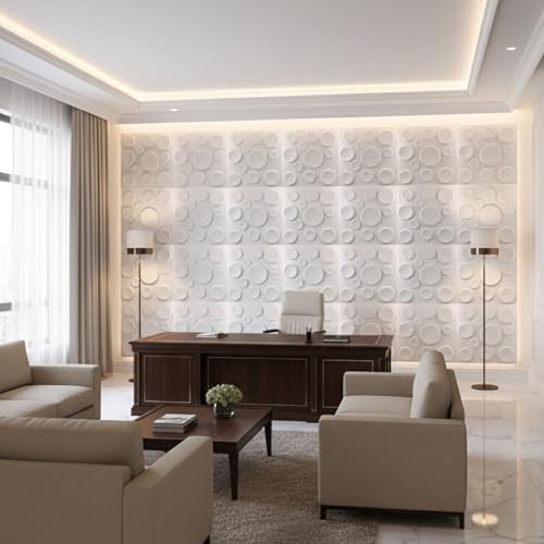 Image of Kayra Decor 3D PVC Wall Panels Moon Design - White Color | 19.7 inch x 19.7 inch (Pack of 12) - Covers 32.28 Sq. Ft | Premium Home & Office Wall Decoration