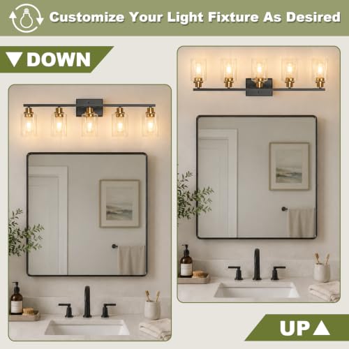 Image of Unicozin Modern Bathroom Light Fixtures, 5 Light Vanity Lights Over Mirror, Black and Gold Wall Lamp with Clear Glass for Living Room Cabinet Bedroom Porch